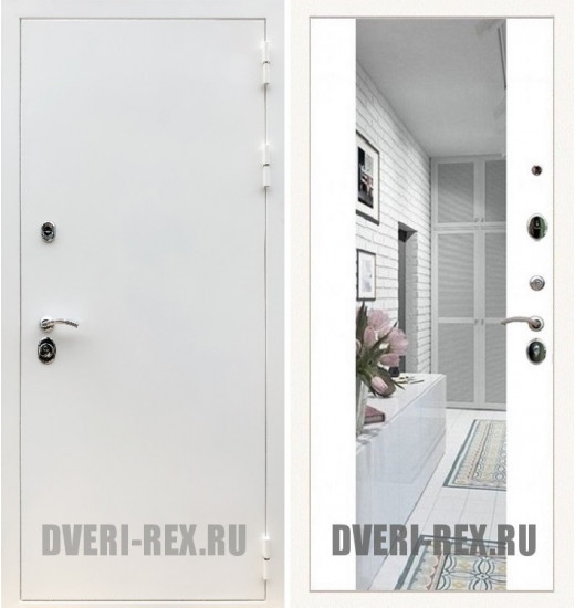 Стальная дверь Рекс 5А Белая шагрень / СБ-16 с зеркалом